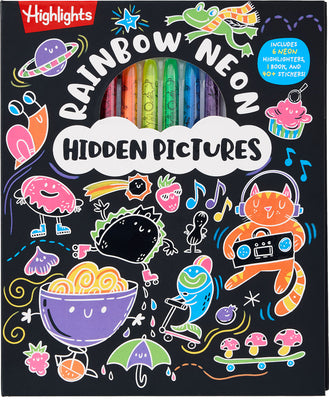 Cover Image for Rainbow Neon Hidden Pictures: Rainbow Activity Book with Neon Markers and Over 40 Stickers, Fun Sticker Puzzle Book for Creative Kids Ages 6-12 -- Highlights, Hardcover